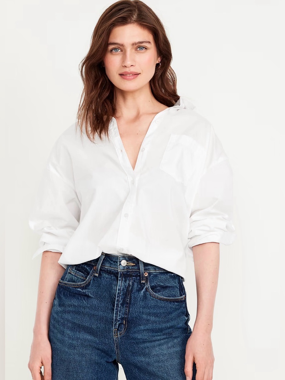 Old Navy Long Sleeve Poplin White Cotton Button-down Boyfriend Shirt M